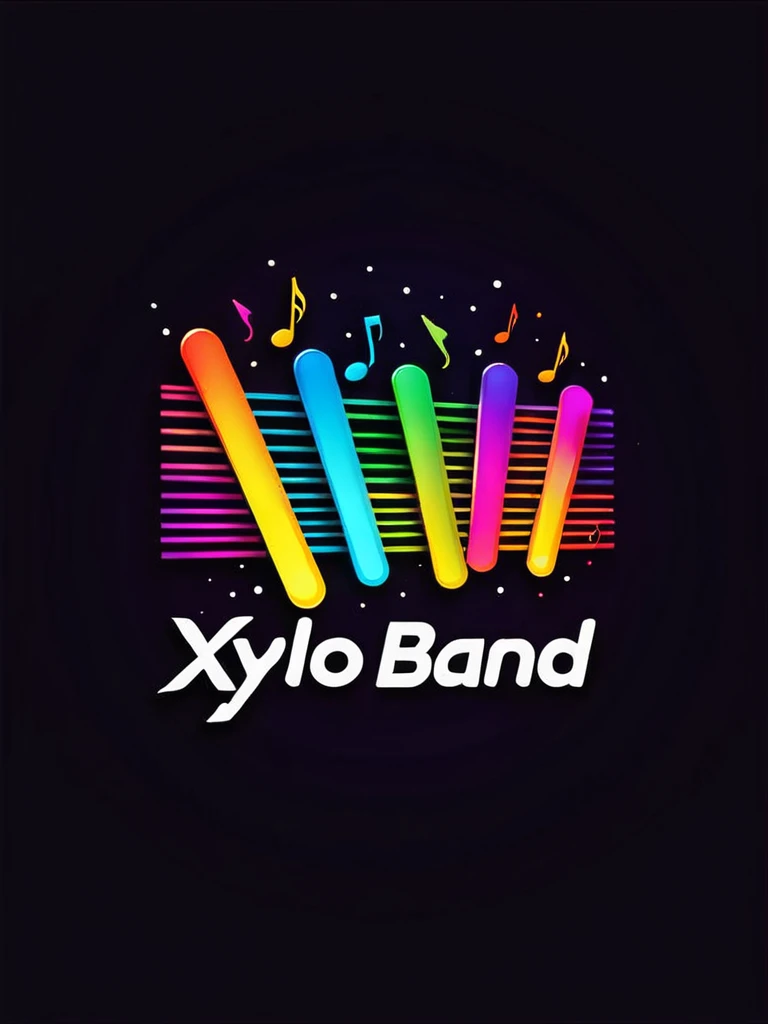 Create a logo for "Xylo Band" that incorporates lots of vibrant colors and elements related to lights. The design should feature abstract representations of xylophone keys intertwined with neon light streaks or beams. Use a variety of bold and contrasting colors to create a lively and dynamic appearance. The background should be dark to enhance the glowing effect of the lights. Ensure the overall composition is modern and eye-catching, reflecting the energy and creativity of a musical band.
