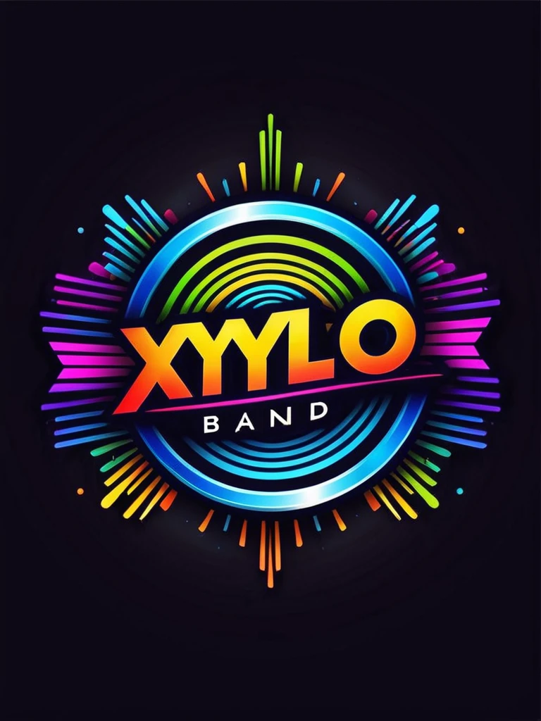 Create a logo for "Xylo Band" that incorporates lots of vibrant colors and elements related to lights. The design should feature abstract representations of xylophone keys intertwined with neon light streaks or beams. Use a variety of bold and contrasting colors to create a lively and dynamic appearance. The background should be dark to enhance the glowing effect of the lights. Ensure the overall composition is modern and eye-catching, reflecting the energy and creativity of a musical band.
