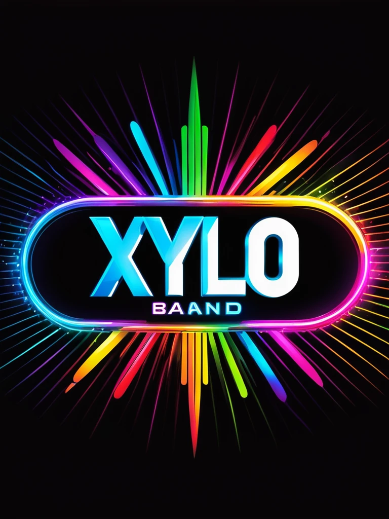 Create a logo for "Xylo Band" that incorporates lots of vibrant colors and elements related to lights. The design should feature abstract representations of xylophone keys intertwined with neon light streaks or beams. Use a variety of bold and contrasting colors to create a lively and dynamic appearance. The background should be dark to enhance the glowing effect of the lights. Ensure the overall composition is modern and eye-catching, reflecting the energy and creativity of a musical band.
