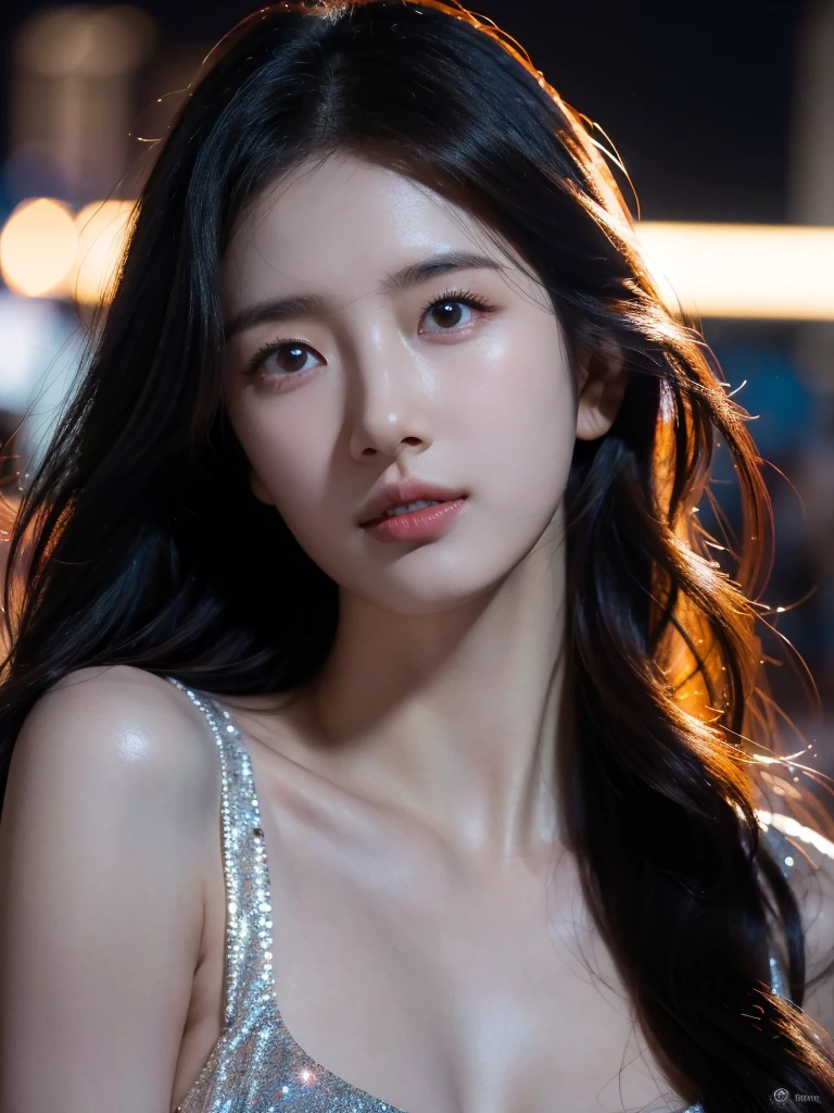 8k, masterpiece, RAW photos, best quality, photorealistic, extremely detailed CG unity 8k wallpaper, depth of field, Cinematic Light, lens flare, ray tracing, (very beautiful face, beautiful lips, beautiful eyes), A face with intricate details, ((highly detailed skin)) 1 woman (highest resolution, separate_video) best quality, 1 woman, tokyo streets,night, cityscape,city lights, upper body, cleavage 8k, RAW photos, best quality, masterpiece,realistic, photo-realistic, medium shot, reply.