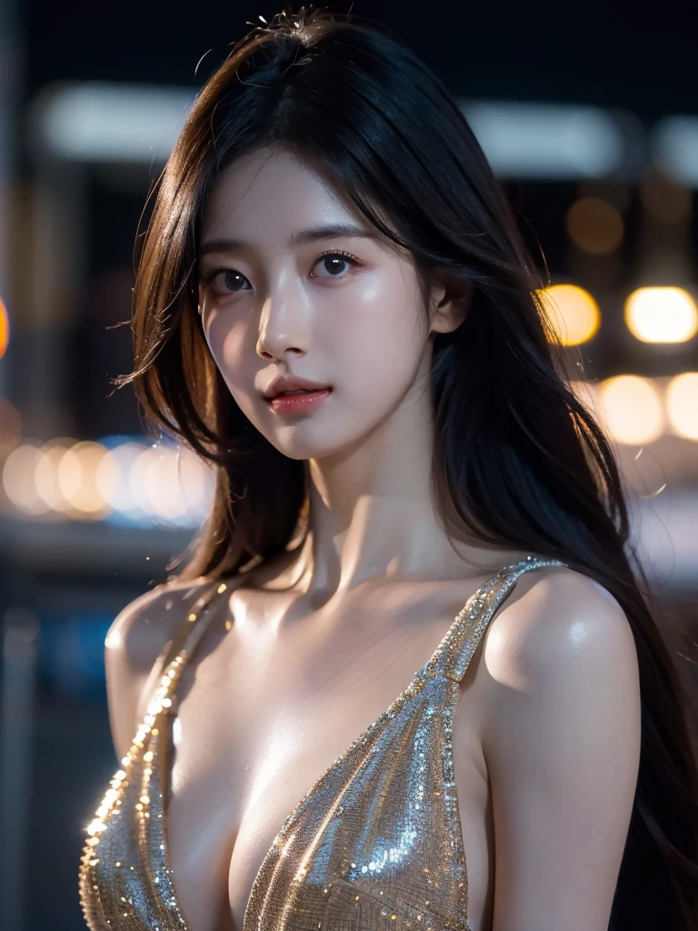 8k, masterpiece, RAW photos, best quality, photorealistic, extremely detailed CG unity 8k wallpaper, depth of field, Cinematic Light, lens flare, ray tracing, (very beautiful face, beautiful lips, beautiful eyes), A face with intricate details, ((highly detailed skin)) 1 woman (highest resolution, separate_video) best quality, 1 woman, tokyo streets,night, cityscape,city lights, upper body, cleavage 8k, RAW photos, best quality, masterpiece,realistic, photo-realistic, medium shot, reply.