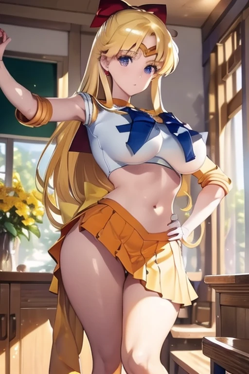 masterpiece、High resolution、high resolution、4K、8k、(((Stand with your legs stretched、Big Breasts、)))、((Shiny underwear)))、Sara Warrior Uniform、Beautiful beauty、Golden Hair、((whole body))、(((Photo taken from below)))、School、classroom、Large Breasts、Big Breastini skirt、The color of the pants is black、Japanese、tall、Long limbs、18-year-old、Minako Aino、A beautiful nose like a model、Put one hand on your hip、Natural smile、Sexy pose、Hairstyle: Long hair、Beautiful belly button、Red ribbon on head