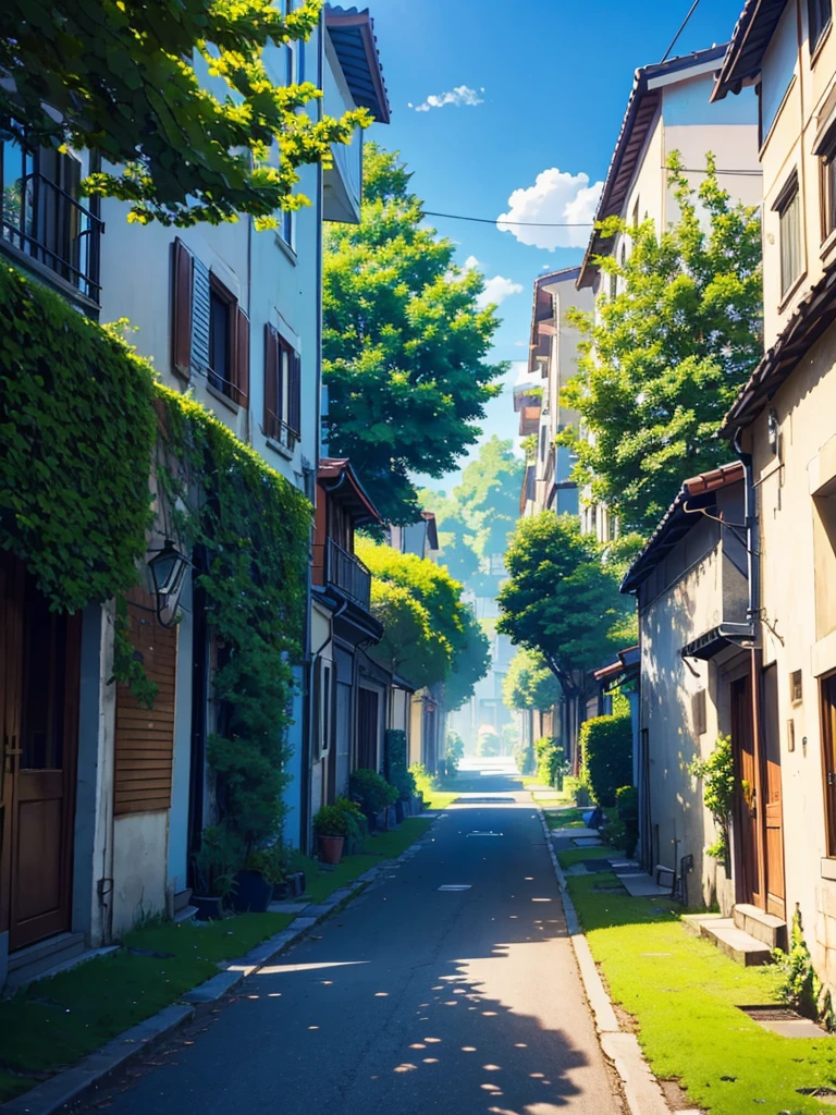 Sunny Weather and Quiet Street: "A photo of a quiet street with a clear blue sky and green trees, creating a peaceful ambiance.