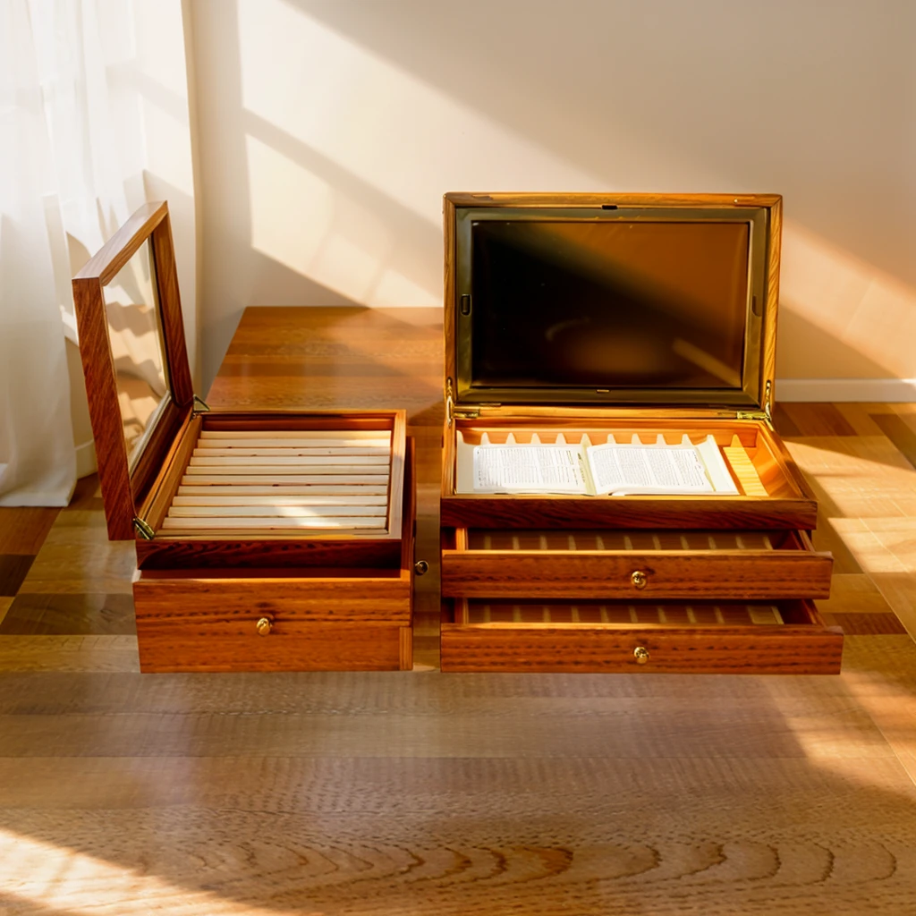 In this cozy room,A ray of sunlight shone through the half-drawn curtains on the table,Let the wood grain on the watch storage box shine with a faint luster。There was a calm and peaceful atmosphere in the air around them。There are several still lifes hanging on the walls of the room,It adds a touch of elegance to the space。And on the other side of the room,The half-open window lets in the breeze,The pages on the small desk by the window turned in the wind,This quiet scene gives a sense of tranquility and comfort。