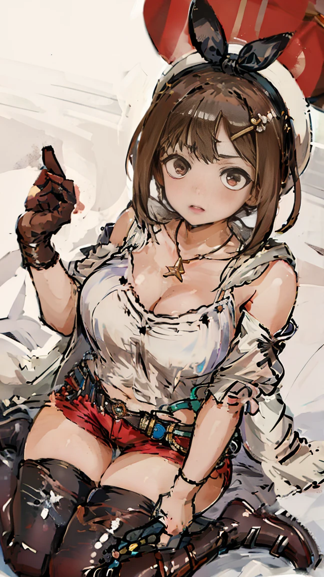 (Highest quality, 8k, masterpiece :1.3),Lizaリン・シュタウト(Lizaのアトリエ),Liza, One woman,Large Breasts,short hair,Brown Hair,hair band,Clothing,hat,White shirt,White camisole,Red shorts,Brown long boots,Blowjob,nsfw,Plump body,Thighs