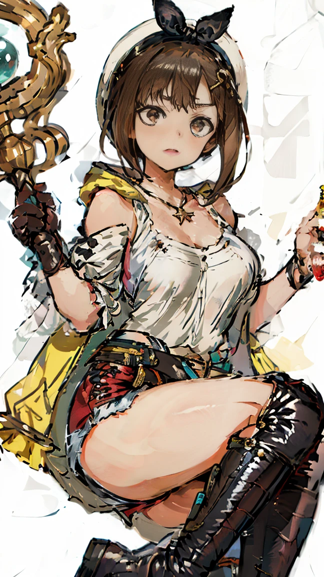 (Highest quality, 8k, masterpiece :1.3),Lizaリン・シュタウト(Lizaのアトリエ),Liza, One woman,Large Breasts,short hair,Brown Hair,hair band,Clothing,hat,White shirt,White camisole,Red shorts,Brown long boots,Blowjob,nsfw,Plump body,Thighs