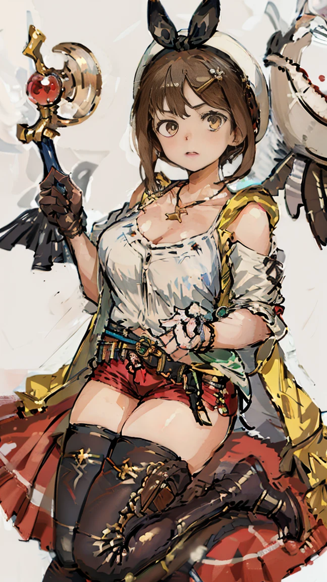 (Highest quality, 8k, masterpiece :1.3),Lizaリン・シュタウト(Lizaのアトリエ),Liza, One woman,Large Breasts,short hair,Brown Hair,hair band,Clothing,hat,White shirt,White camisole,Red shorts,Brown long boots,Blowjob,nsfw,Plump body,Thighs