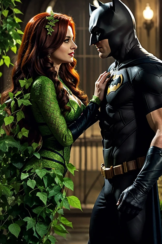 Poison ivy smirks at batman punche sher but vines strangle batman