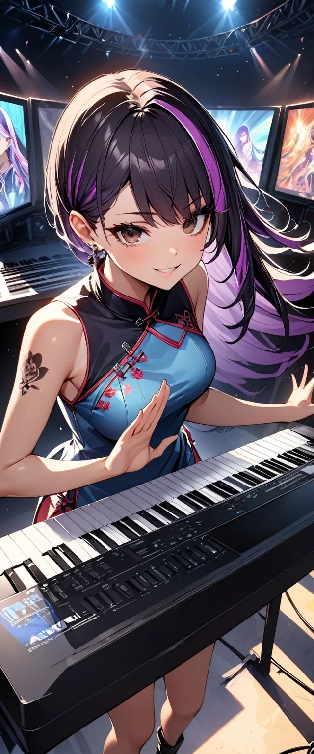 (highest quality:1.2, Very detailed, up to date, Vibrant, Ultra-high resolution, High Contrast, masterpiece:1.2, highest quality, Best aesthetics), Portraiture、girl、keyboard player、stage、performance、Rock Music、Bright colors、Beautiful fine details、Beautiful lip detail、long hair、black and purple ((streaked hair:1.6)), highlights hair: 1.5, brown eyes, slim body, (small breast:0.7), Music band、standing in keyboards booth, playing keyboards、(raise left hand high:1.5), Concert Light、Edgy Style、(colorful Cheongsam:1.2), (no sleeve:1), Dynamic Movement、hypnotic sounds、Stadium、amplifier、Loud music、(playing keyboards:1.6), (Floral Fineline tattoo design on left arm:1), Passionate performance、Sparkling stage、Concert atmosphere、Music Festival、Full of emotion、Rock star attitude、Resolute expression、Avid Fan、The presence of an attractive stage、 Expressive gestures、Rock star aura、An exciting atmosphere、An unforgettable show, closs earing, (full body:1.2)