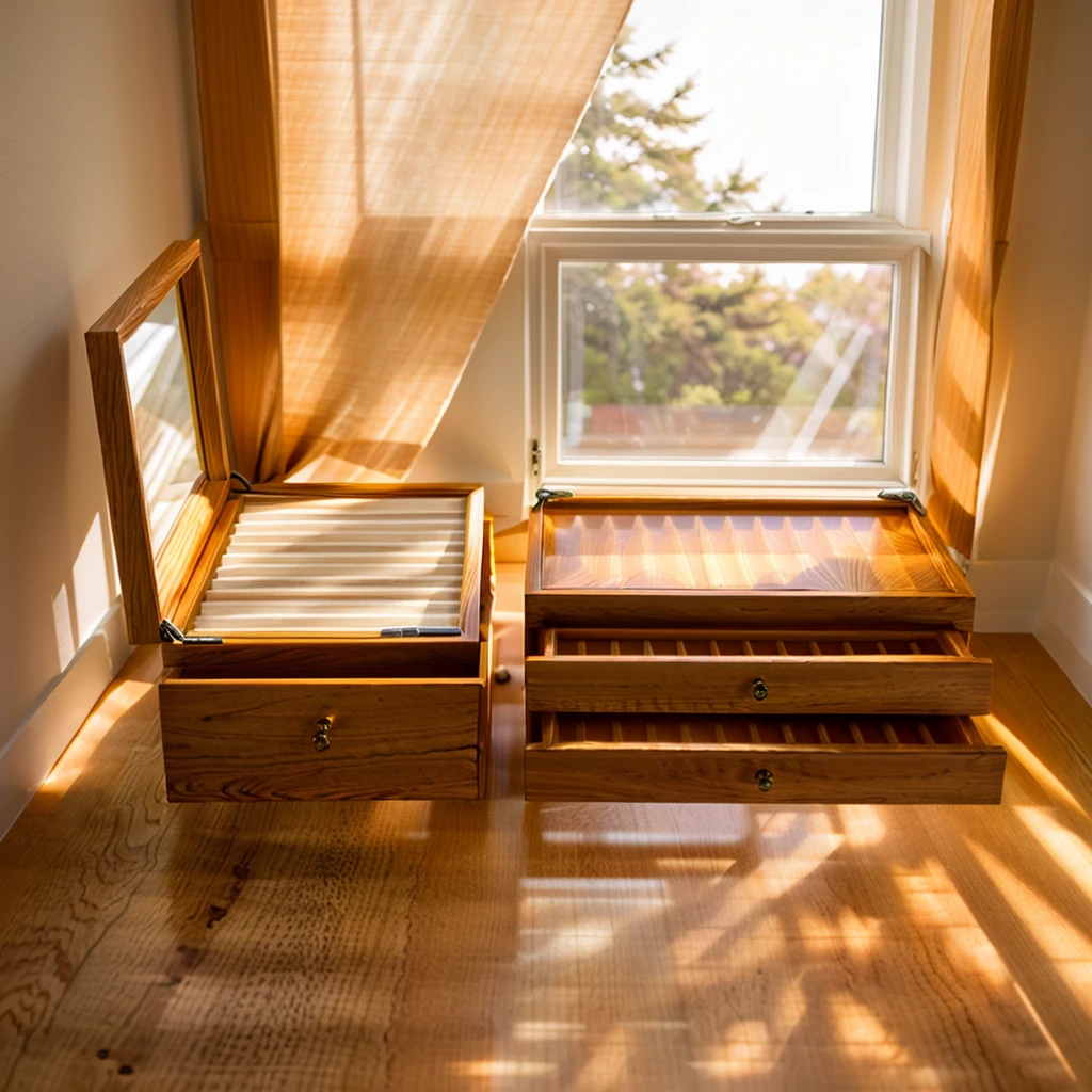 In this cozy room,A ray of sunlight shone through the half-drawn curtains on the table,Let the wood grain on the watch storage box shine with a faint luster。There was a calm and peaceful atmosphere in the air around them。There are several still lifes hanging on the walls of the room,It adds a touch of elegance to the space。And on the other side of the room,The half-open window lets in the breeze,The pages on the small desk by the window turned in the wind,This quiet scene gives a sense of tranquility and comfort。