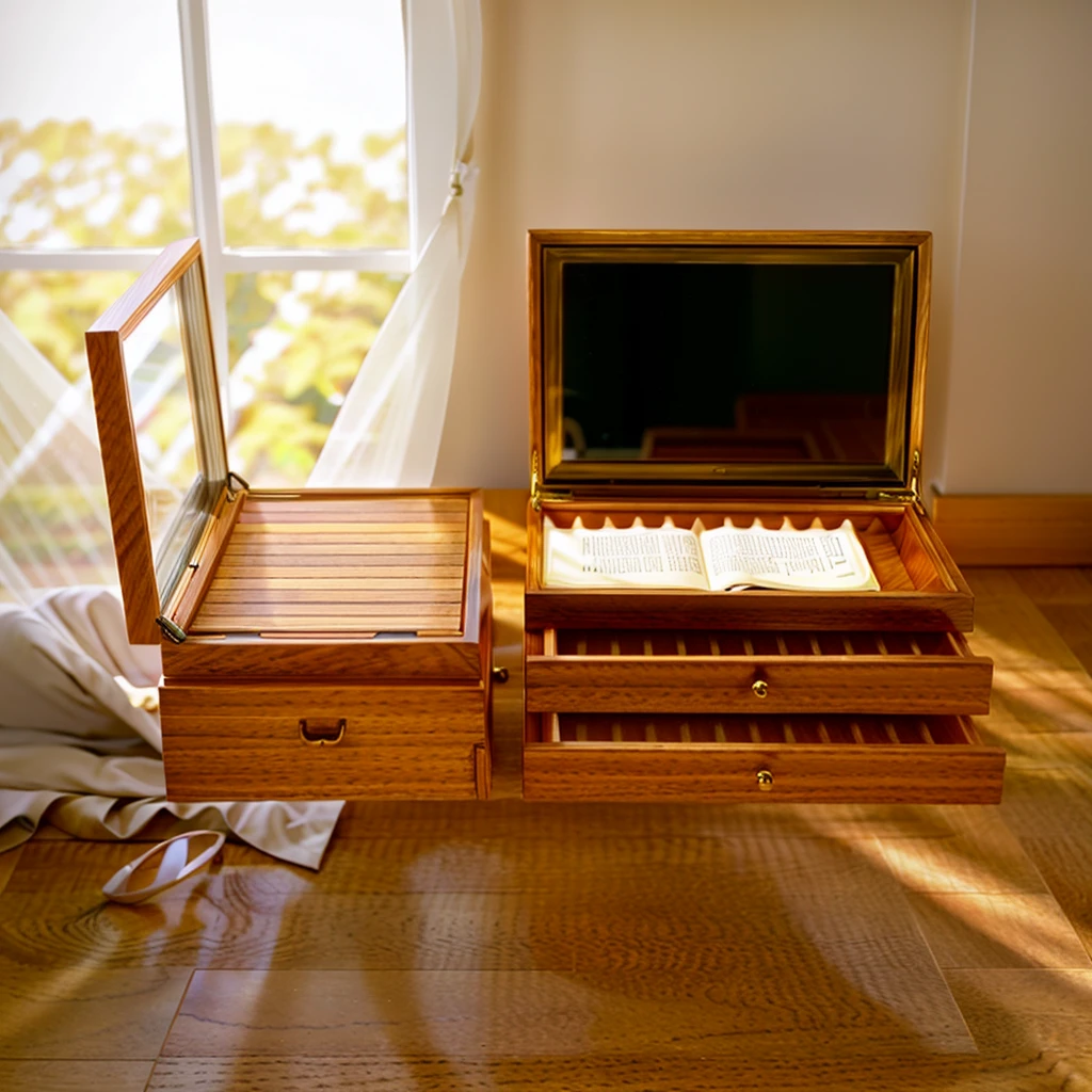 In this cozy room,A ray of sunlight shone through the half-drawn curtains on the table,Let the wood grain on the watch storage box shine with a faint luster。There was a calm and peaceful atmosphere in the air around them。There are several still lifes hanging on the walls of the room,It adds a touch of elegance to the space。And on the other side of the room,The half-open window lets in the breeze,The pages on the small desk by the window turned in the wind,This quiet scene gives a sense of tranquility and comfort。
