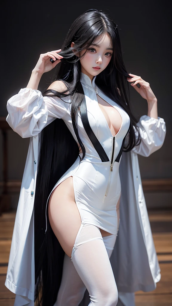 Beautiful girl with two meter long hair, long black hair, สวมsuit, สวมsuit over it., Turn off all buttons., (White women&#39;suit), (white shirt), (Thai women&#39;black tie), (military rank insignia), (white short skirt), tight, (Dynamic posts), full body, (big breasts, thin body, small waist, hips raised, small thighs, Long legs), A gigantic rift, black high heels, 