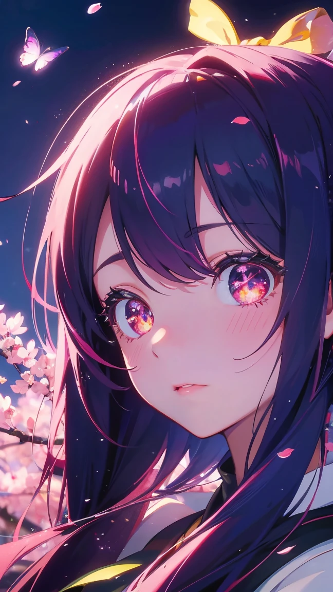 1 Anime Girl, alone,Black petals flutter, Mysteriously glowing butterfly.city,Bright pink hair,red gem eyes,Long twin tails,Thin legs,Very clear,Highest quality,辺り一面のcherry blossoms,都city,cherry blossoms,cherry blossomsミク,Beautiful Morning,Asahi,Face close-up,sunny,cherry blossomsを見上げる,slope