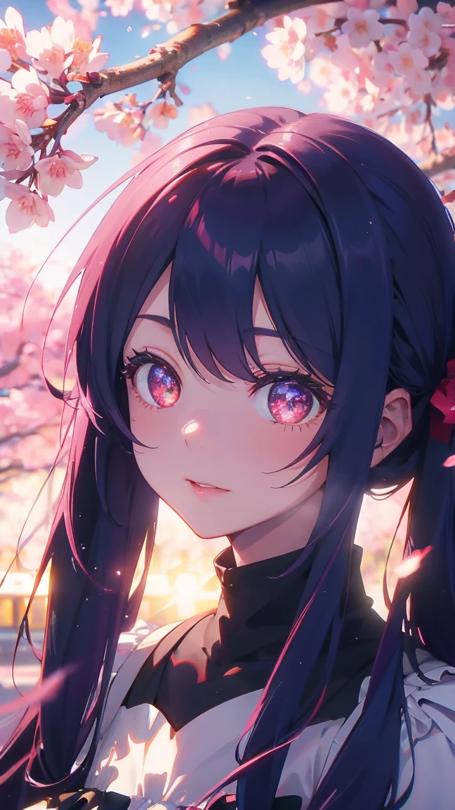 1 Anime Girl, alone,Black petals flutter, Mysteriously glowing butterfly.city,Bright pink hair,red gem eyes,Long twin tails,Thin legs,Very clear,Highest quality,辺り一面のcherry blossoms,都city,cherry blossoms,cherry blossomsミク,Beautiful Morning,Asahi,Face close-up,sunny,cherry blossomsを見上げる,slope