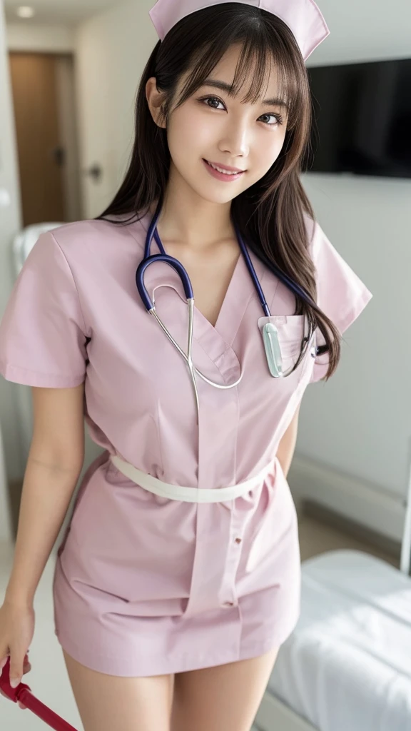 (Highest quality: 1.5), (Realistic: 1.5), (1 person: 1.5), Very detailed, High resolution, 8k,Natural color lips, Cute Smile, Japanese women, 20-year-old girl, Beautiful and elegant features, Perfect and beautiful face, Balanced big eyes, Beautiful and elegant features, Natural double eyelids, Natural Bangs, Beautiful thin nose, Beautiful Skin, Medium Bob Hair , Natural Bangs , Perfect and beautiful face, Slim face and figure, (Looking at the camera with a sweet smile), Bright lighting, Professional Lighting, Forward lighting, Beautiful feet: 1.2, Smooth Skin, Slender body, Slim waistline, slim thin thighs, Detailed clothing, (real short nurse uniform:1.2), (nurse:1.4), Ultra HD, Realistic, hospital, Light Pink, nurse, white cosplay, nurse cosplay, nurse outfit, standing, hospital, red cross, (8k, RAW photo, best quality, masterpiece:1.2), (extremely detailed 8k wallpaper), 1 girl, (solo:1.2),Photo of 20 years old Japanese actress.