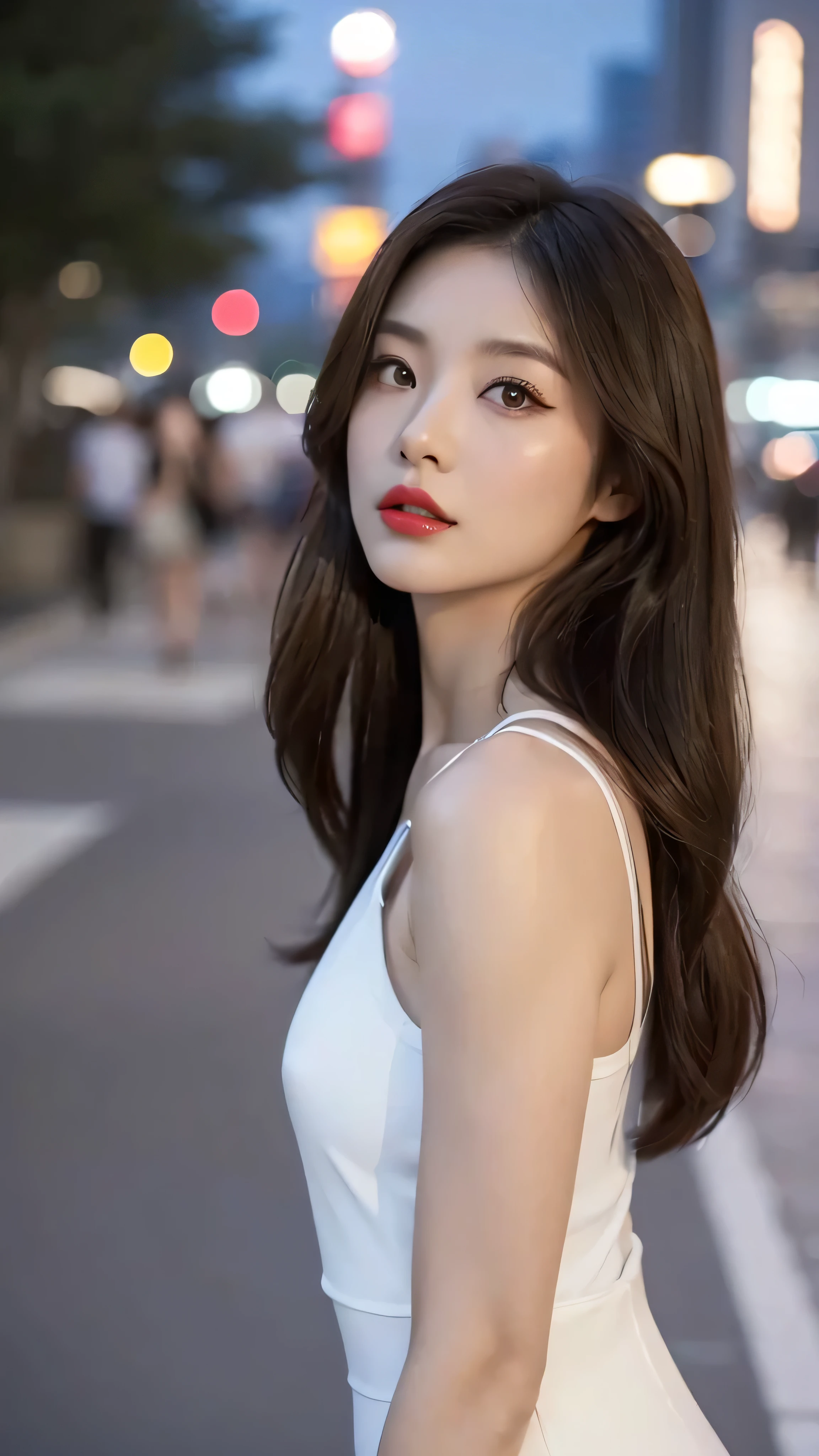 ((​Masterpiece)), ((Top)), Ultra high resolution, 8k wallpaper, photorealistic, high quality, advanced depth of field, ultra details, realistic lighting, (outdoors), mountain background, Japanese mature woman, 40 years old, makeup, (lipstick: 1.1), (eyeliner: 1.2), mascara, eyeshadow, necklace, beautiful eyes, rich details, exquisite beauty, long curly hair, dynamic angle, (red lips), Japanese woman in white leggings posing for a photo, plump, tight outfit, stylish shirt, short sleeves, natural pose character, wearing tight blue jeans, realistic perfect body, plump buttocks, soft curves