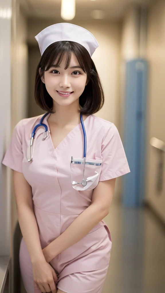 (Highest quality: 1.5), (Realistic: 1.5), (1 person: 1.5), Very detailed, High resolution, 8k,Natural color lips, Cute Smile, Japanese women, 20-year-old girl, Beautiful and elegant features, Perfect and beautiful face, Balanced big eyes, Beautiful and elegant features, Natural double eyelids, Natural Bangs, Beautiful thin nose, Beautiful Skin, Medium Bob Hair , Natural Bangs , Perfect and beautiful face, Slim face and figure, (Looking at the camera with a sweet smile), Bright lighting, Professional Lighting, Forward lighting, Beautiful feet: 1.2, Smooth Skin, Slender body, Slim waistline, slim thin thighs, Detailed clothing, (real short nurse uniform:1.2), (nurse:1.4), Ultra HD, Realistic, hospital, Light Pink, nurse, white cosplay, nurse cosplay, nurse outfit, standing, hospital, red cross, (8k, RAW photo, best quality, masterpiece:1.2), (extremely detailed 8k wallpaper), 1 girl, (solo:1.2),Photo of 20 years old Japanese actress.