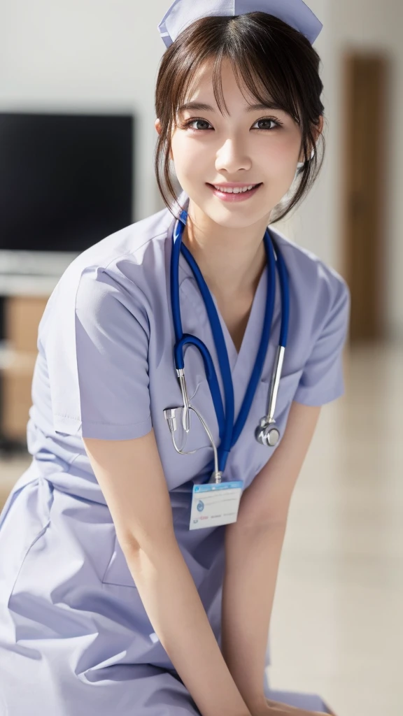 (Highest quality: 1.5), (Realistic: 1.5), (1 person: 1.5), Very detailed, High resolution, 8k,Natural color lips, Cute Smile, Japanese women, 20-year-old girl, Beautiful and elegant features, Perfect and beautiful face, Balanced big eyes, Beautiful and elegant features, Natural double eyelids, Natural Bangs, Beautiful thin nose, Beautiful Skin, Medium Bob Hair , Natural Bangs , Perfect and beautiful face, Slim face and figure, (Looking at the camera with a sweet smile), Bright lighting, Professional Lighting, Forward lighting, Beautiful feet: 1.2, Smooth Skin, Slender body, Slim waistline, slim thin thighs, Detailed clothing, (real short nurse uniform:1.2), (nurse:1.4), Ultra HD, Realistic, hospital, Light Pink, nurse, white cosplay, nurse cosplay, nurse outfit, standing, hospital, red cross, (8k, RAW photo, best quality, masterpiece:1.2), (extremely detailed 8k wallpaper), 1 girl, (solo:1.2),Photo of 20 years old Japanese actress.