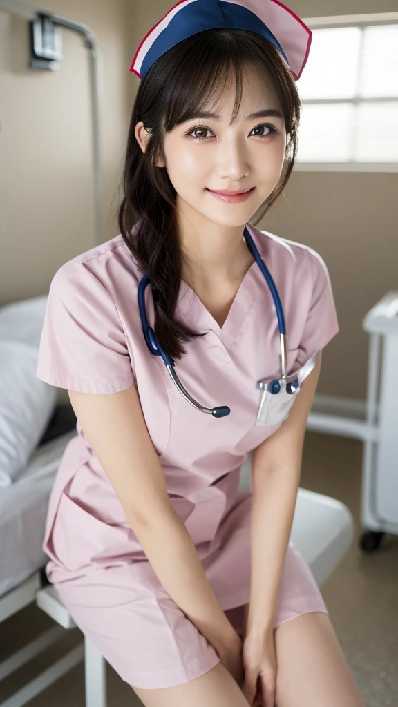 (Highest quality: 1.5), (Realistic: 1.5), (1 person: 1.5), Very detailed, High resolution, 8k,Natural color lips, Cute Smile, Japanese women, 20-year-old girl, Beautiful and elegant features, Perfect and beautiful face, Balanced big eyes, Beautiful and elegant features, Natural double eyelids, Natural Bangs, Beautiful thin nose, Beautiful Skin, Medium Bob Hair , Natural Bangs , Perfect and beautiful face, Slim face and figure, (Looking at the camera with a sweet smile), Bright lighting, Professional Lighting, Forward lighting, Beautiful feet: 1.2, Smooth Skin, Slender body, Slim waistline, slim thin thighs, Detailed clothing, (real short nurse uniform:1.2), (nurse:1.4), Ultra HD, Realistic, hospital, Light Pink, nurse, white cosplay, nurse cosplay, nurse outfit, standing, hospital, red cross, (8k, RAW photo, best quality, masterpiece:1.2), (extremely detailed 8k wallpaper), 1 girl, (solo:1.2),Photo of 20 years old Japanese actress.