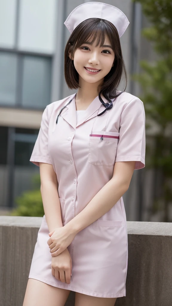 (Highest quality: 1.5), (Realistic: 1.5), (1 person: 1.5), Very detailed, High resolution, 8k,Natural color lips, Cute Smile, Japanese women, 20-year-old girl, Beautiful and elegant features, Perfect and beautiful face, Balanced big eyes, Beautiful and elegant features, Natural double eyelids, Natural Bangs, Beautiful thin nose, Beautiful Skin, Medium Bob Hair , Natural Bangs , Perfect and beautiful face, Slim face and figure, (Looking at the camera with a sweet smile), Bright lighting, Professional Lighting, Forward lighting, Beautiful feet: 1.2, Smooth Skin, Slender body, Slim waistline, slim thin thighs, Detailed clothing,  (real short nurse uniform:1.2), (nurse:1.4), Ultra HD, Realistic, hospital, Light Pink, nurse, white cosplay, nurse cosplay,  nurse outfit, standing, hospital, red cross, (8k, RAW photo, best quality, masterpiece:1.2), (extremely detailed 8k wallpaper), 1 girl, (solo:1.2),Photo of 20 years old Japanese actress.
