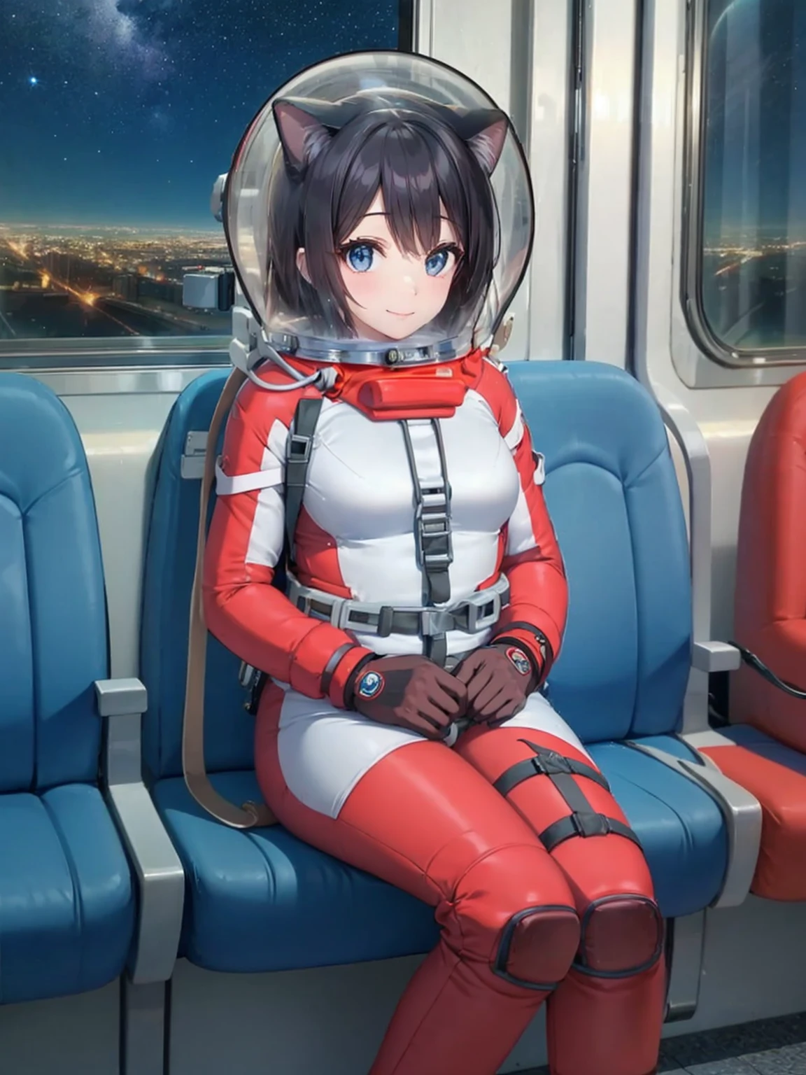 space helmet, (cinematic scene, sitting on a chair, train interior, , city view, night view: 1.5), space helmet, eva helmet, space suit, astronaut), smile bubble helmet, very detailed, speed helmet, bubble helmet, ,upper body, astronaut),eva helm, spacesuit , astronaut),girl, wearing a (spacesuit:1.15), white cargo pants, (), (CAT EARS:1.2), bubble helmet, (space helmet:1.5)],