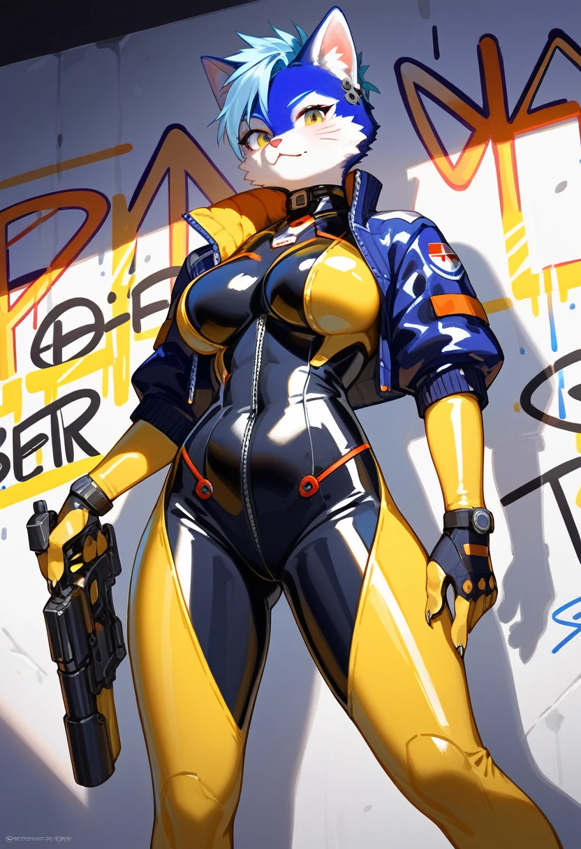 animation, Highest quality, Highest quality, High quality illustrations, masterpiece, Ultra-high resolution, Detailed Background, cyber cafe, Graffiti art on the wall, Absurd, Perfect Anatomy, performance, Good lighting, Shadows in the movies(kemono, Furry PersonifiCation), Cat, Blueskin, Yellow Rubber Suit, latex, neon, neonライト, neonカラー, Bodysuits, Cyber Suit, Mech Suit, Rubber Half Jacket, cyber punk, Blade Runner, Holding a gun and a blade