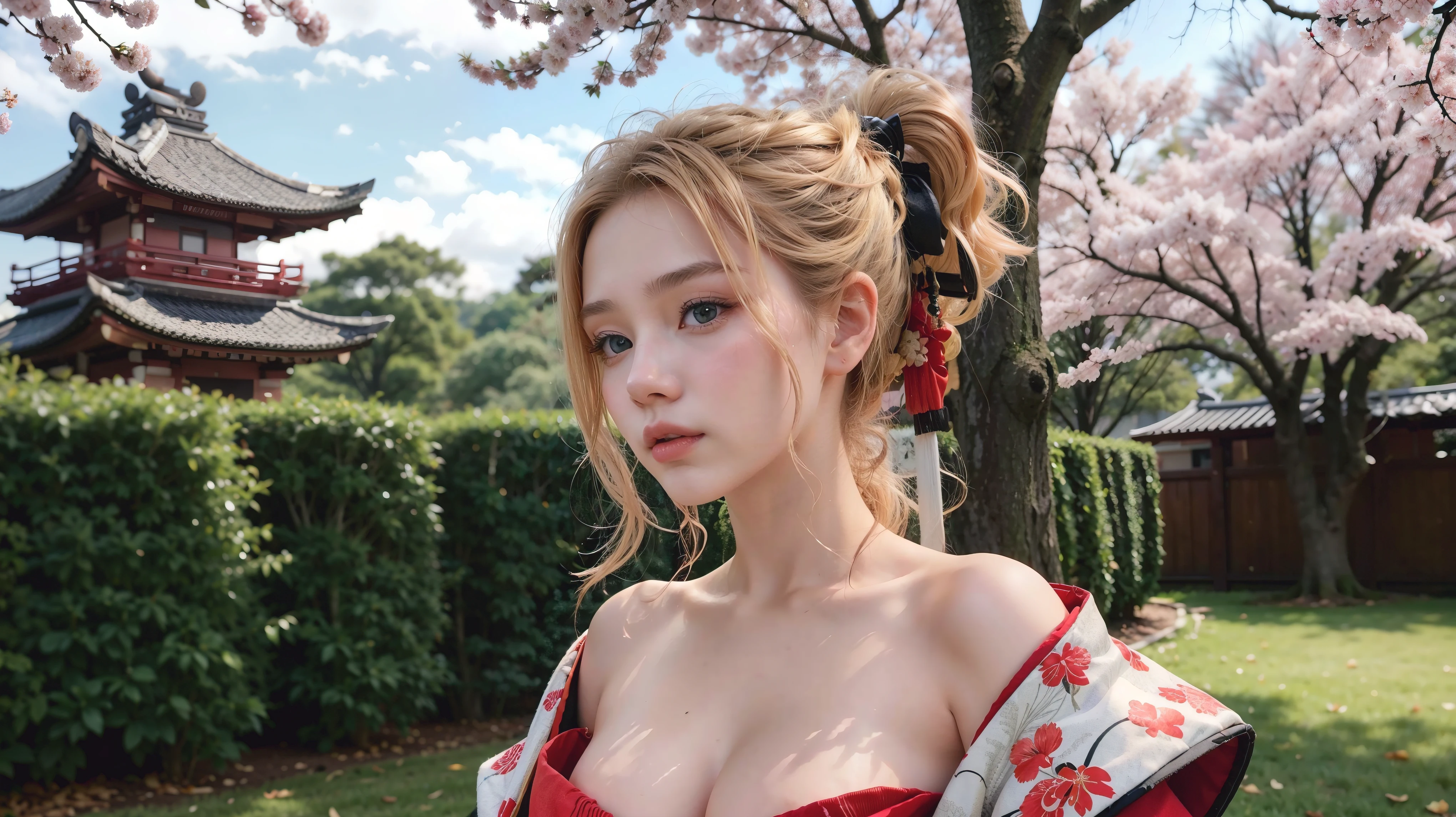 samurai girl, adorable, cleavage, red and black kimono, sakura tree, blonde hair, detailed face, model pose