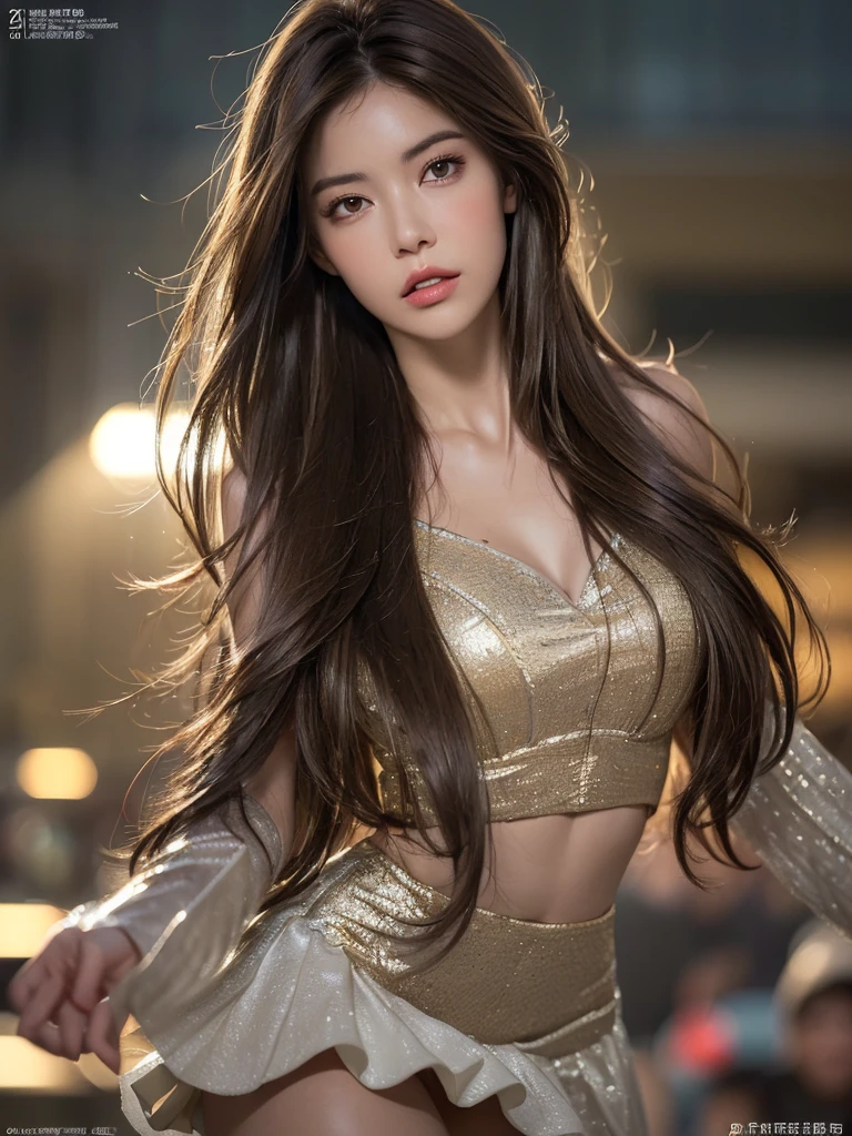 ((realistic light, Highest quality, 8ก, Masterpiece: 1.3)), Focus clearly: 1.2, 1 woman, perfect body beauty: 1.4, Slim stomach: 1.1, ((dark brown hair, big: 1.3)), (speed: 1.4), (outdoor, nighttime: 1.1), road, Extra slim face, good eyes, Double eyelids, The rift revealed, Incredibly ridiculous, messy hair, floating hair,