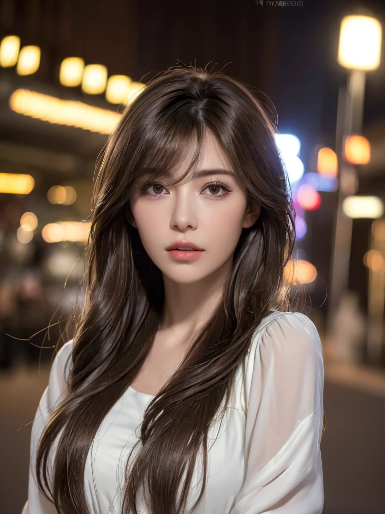 ((realistic light, Highest quality, 8ก, Masterpiece: 1.3)), Focus clearly: 1.2, 1 woman, perfect body beauty: 1.4, Slim stomach: 1.1, ((dark brown hair, big: 1.3)), (speed: 1.4), (outdoor, nighttime: 1.1), road, Extra slim face, good eyes, Double eyelids, The rift revealed, Incredibly ridiculous, messy hair, floating hair,