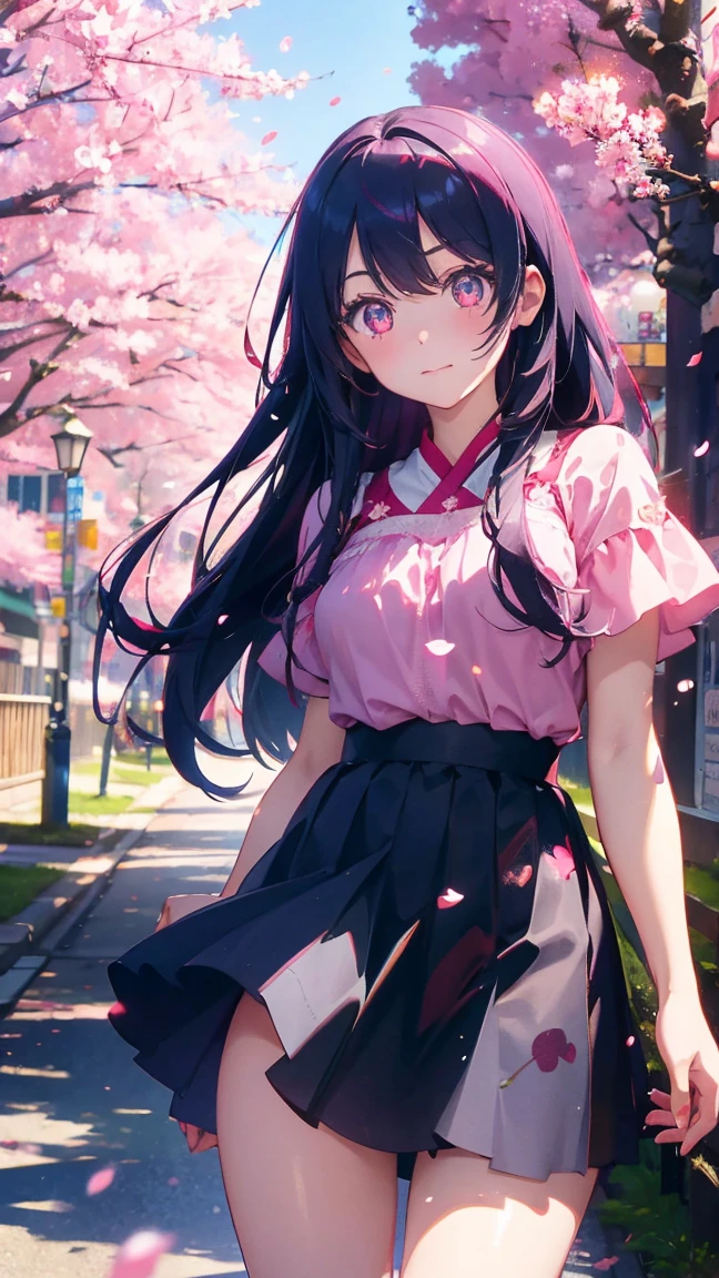 1 Anime Girl, alone,Black petals flutter, Mysteriously glowing butterfly.city,Bright pink hair,red gem eyes,Long Hair,Thin legs,Very clear,Highest quality,辺り一面のcherry blossoms,都city,cherry blossoms,cherry blossomsミク,Beautiful Morning,Asahi,Face close-up,sunny,cherry blossomsを見上げる,slope