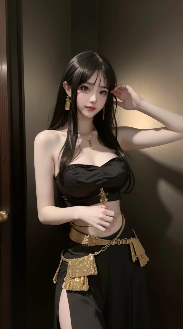 8K, Surrealism, masterpiece, 最好of品质, Extremely detailed, high resolution, Random Background, 1 girl, (:1.5), Willow Waist, Wide hips, knee, night , of, Necklace, Earrings and Nipple Rings