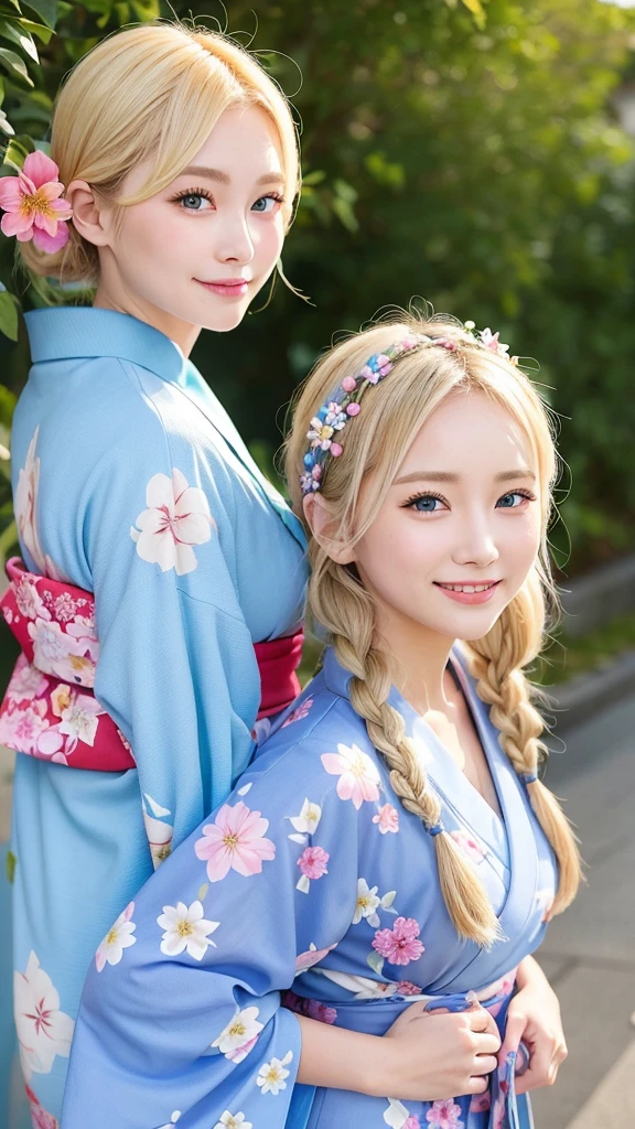 Blonde kimono beauty、Gorgeous floral patterned kimono、My cute girlfriend is a kimono model..、blue eyes、Beautiful smile、He is short、Braiding、hair ornaments、Colorful and showy kimono