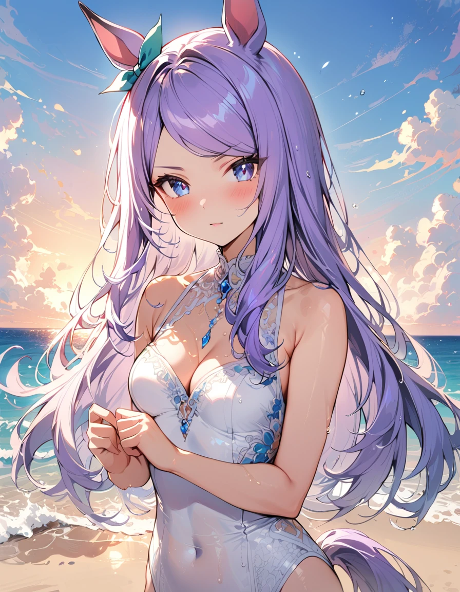 ((16k, highest quality, master piece: 1.2, super detailed, super high resolution, super detailed)), 1 girl, Mejiro McQueen \(umamusume\), Light purple hair, Long Hair, straight hair, one girl, animal ears, horse tail, Blue Eyes, fashionable, elegance, charming, seductive, stunning, charming cleavage, lovely, charming, cute, beautiful detailed face, beautiful detailed eyes, soft expression, slim Beautiful figure, curvaceous, Small breasts, slender arms, graceful hands, delicate fingers, slim wrists, elegant neck, bare shoulders, smooth skin, Seaside, sandy beach, Outdoors, blue sky,(White one-piece swimsuit,Blue and red lines, drenched, Wet skin)), A little angry.