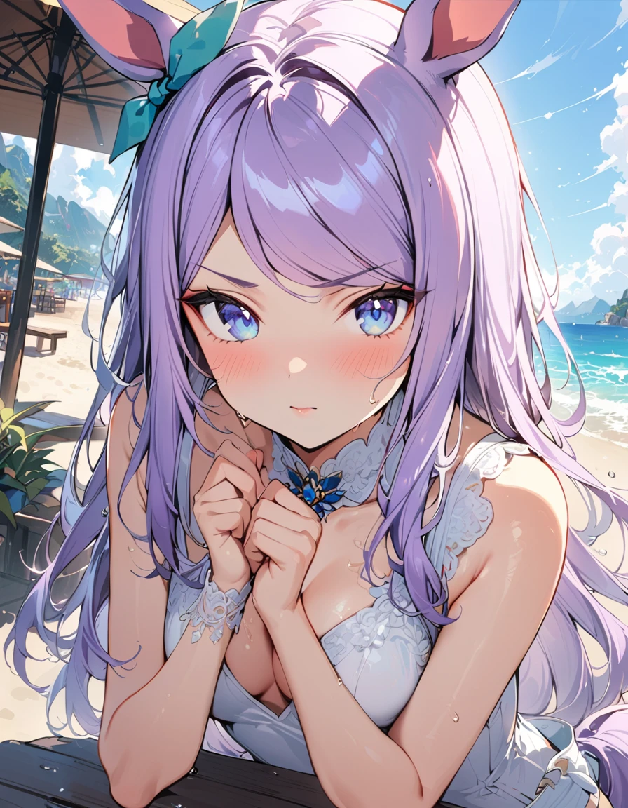 ((16k, highest quality, master piece: 1.2, super detailed, super high resolution, super detailed)), 1 girl, Mejiro McQueen \(umamusume\), Light purple hair, Long Hair, straight hair, one girl, animal ears, horse tail, Blue Eyes, fashionable, elegance, charming, seductive, stunning, charming cleavage, lovely, charming, cute, beautiful detailed face, beautiful detailed eyes, soft expression, slim Beautiful figure, curvaceous, Small breasts, slender arms, graceful hands, delicate fingers, slim wrists, elegant neck, bare shoulders, smooth skin, Seaside, sandy beach, Outdoors, blue sky,(White one-piece swimsuit,Blue and red lines, drenched, Wet skin)), A little angry.