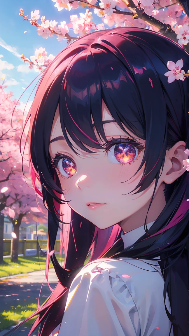 1 Anime Girl, alone,Black petals flutter, Mysteriously glowing butterfly.city,Bright pink hair,red gem eyes,Long Straight Hair,Thin legs,Very clear,Highest quality,辺り一面のcherry blossoms,都city,cherry blossoms,cherry blossomsミク,Beautiful Morning,Asahi,Face close-up,sunny,cherry blossomsを見上げる,slope