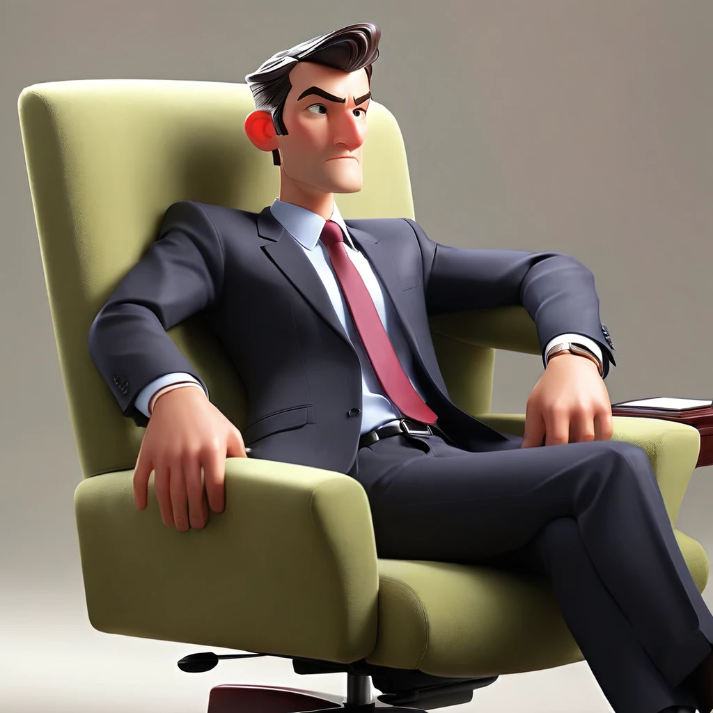 A businessman sitting with legs spread apart, one arm resting on the chair armrest