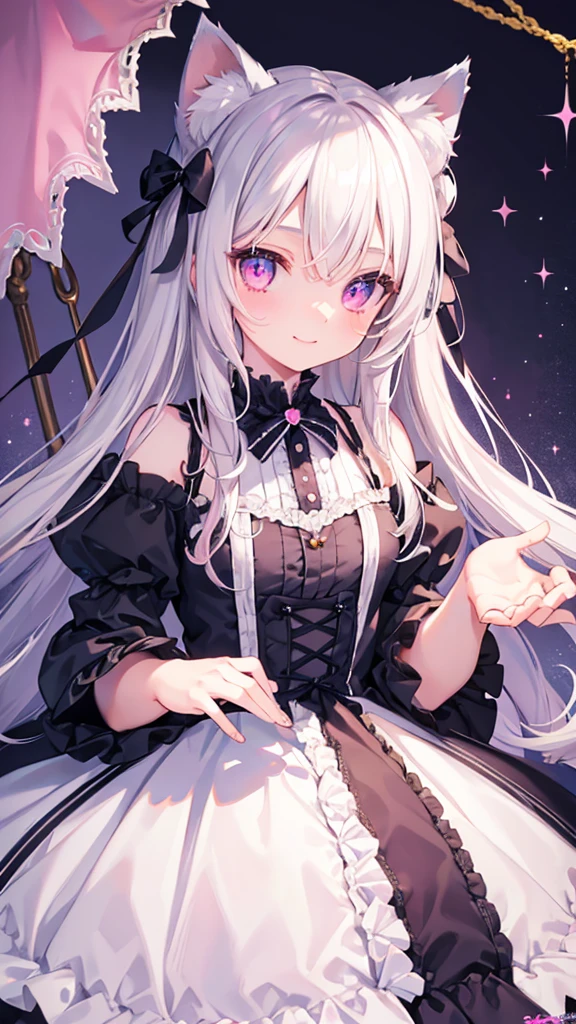 Highly detailed face,fine grain,Sparkling eyes,Highlighted eyes,Medium chest,pretty girl, smile,Longing eyes,Cat ear, Beautiful silver hair,Pink inside,Beautiful pink eyes, lolita fashion