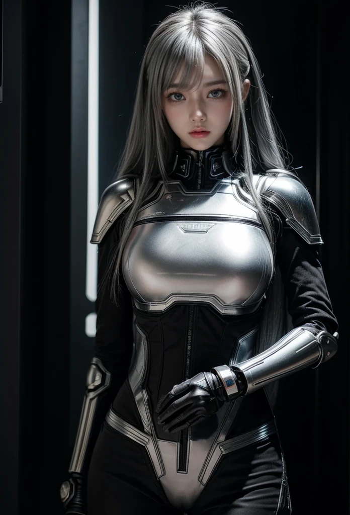cyber angel,machine wing,{{Sci-Fi Armor}},cyber suit,cyberpunk,science fiction,cyber battle armor,Battledress,Military Uniforms,pants,black military uniform,whole body,Height: 168cm,almond shape eyes,{{{{{silver eyes}}}}},{{{{{dull bangs}}}}},(slanted eyes},{{whole body},{{{1 girl}}}, long hair, straight hair,{{{{silver hair}}}},{{{tsurime}}},30 years old,{Medium chest},{{bush}},silver eyes,{{{masterpiece}}}, {{{highest quality}}}, {{Super detailed}}, {shape}, {{very delicate and beautiful}},very detailed,detailed perfect,detailed hyper,Abundant thighs,big ass,black clothes