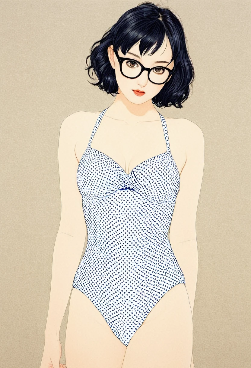 Line art、Vector art,White Polka Dots - Art,(Polka dots:1.3), (Masterpiece, Highest quality),Delicate colors, Super delicate pattern colorful, Highest quality, Cute beautiful girl, ,(Navy one-piece swimsuit、One piece swimsuit)、,White skin、A look of shame、Black Hair、Short bangs、Braid、Brow wrinkles、Black glasses、Big Breasts、Pop Art、(Plump;1.2)From below、Takato Yamamotoスタイル、Art Style:Takato Yamamoto