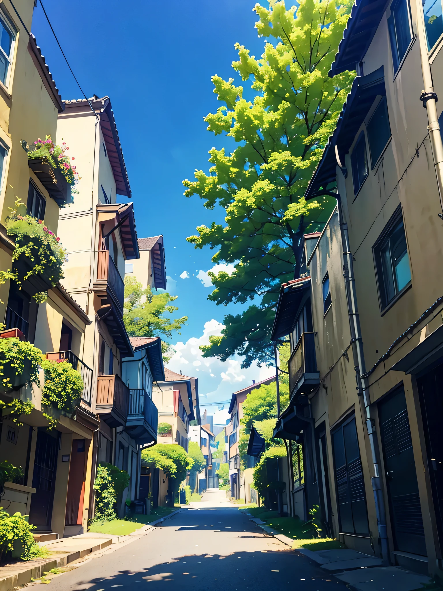 Sunny Weather and Quiet Street: "A photo of a quiet street with a clear blue sky and green trees, creating a peaceful ambiance.