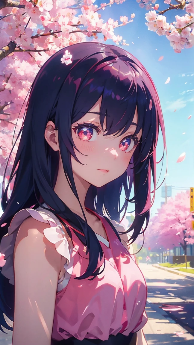 1 Anime Girl, alone,Black petals flutter, Mysteriously glowing butterfly.city,Bright pink hair,red gem eyes,Long Straight Hair,Thin legs,Very clear,Highest quality,辺り一面のcherry blossoms,都city,cherry blossoms,cherry blossomsミク,Beautiful Morning,Asahi,Face close-up,sunny,cherry blossomsを見上げる,slope
