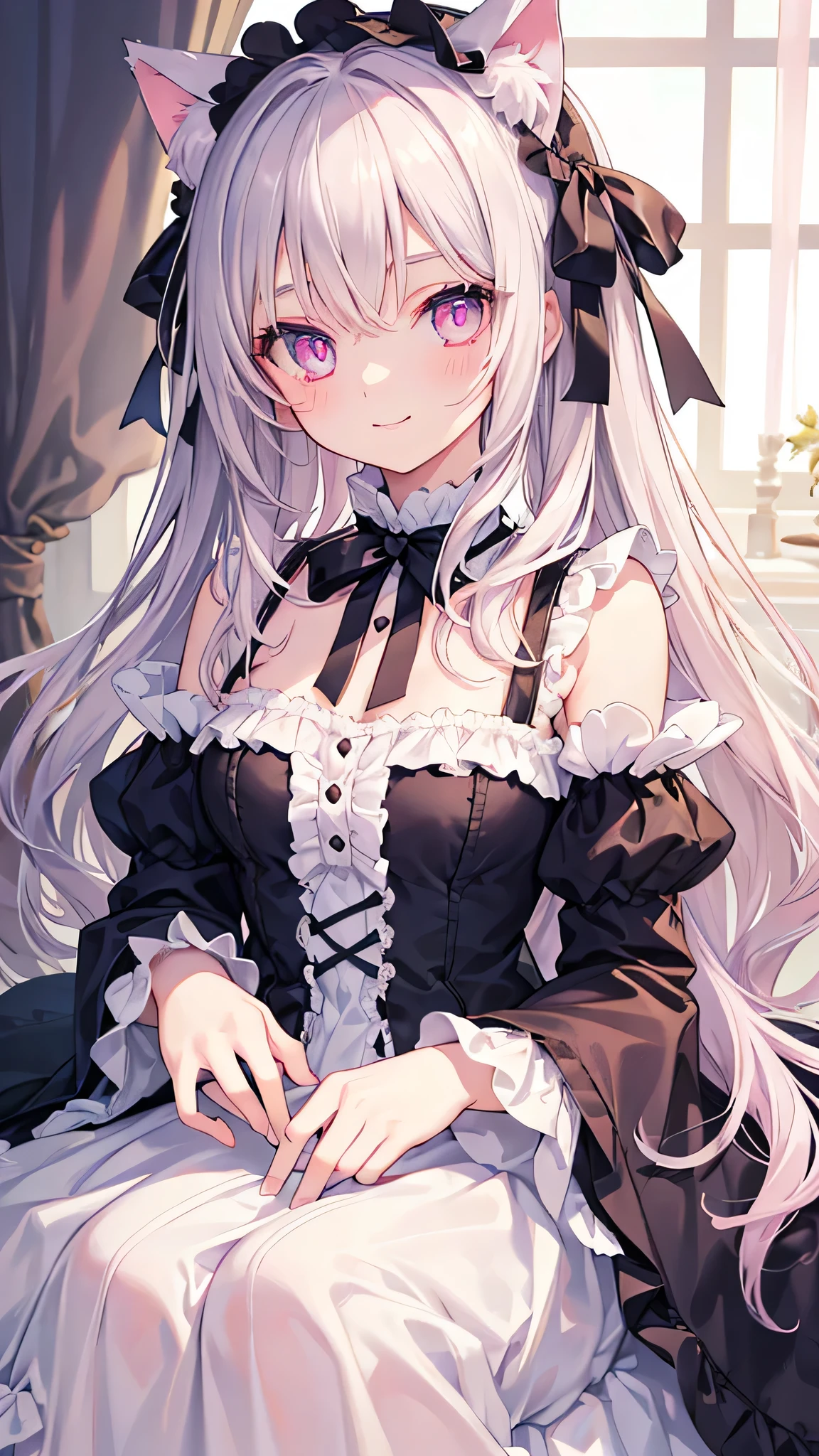 Highly detailed face,fine grain,Sparkling eyes,Highlighted eyes,Medium chest,pretty girl, smile,Longing eyes,Cat ear, Beautiful silver hair,Pink inside,Beautiful pink eyes, lolita fashion