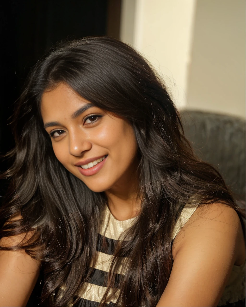 Beautiful ,23 years young Indian girl healthy,indian girl with brown skin, cheerful smile looking,8k,realistic, raw photo,dark brown hair,fair skin, indian,long hair,clear facial features,, very detailed, 23years old, innocent face, natural wavy hair, high resolution, masterpiece, best quality, intricate details, highly detailed, sharp focus, detailed skin, realistic skin texture, texture, detailed eyes, professional, 4k, charming smile, shot on Canon, 85mm, shallow depth of field, kodak vision color, perfect fit body, extremely detailed, foto_\(ultra\), photorealistic, realistic, post-processing, maximum detail, roughness, real life, ultra realistic, photorealism, photography, 8k uhd, photography