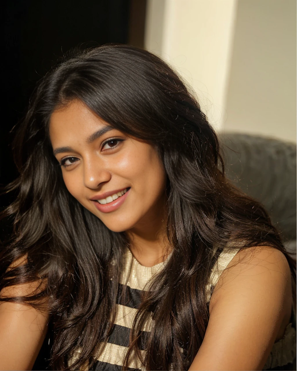 Beautiful ,23 years young Indian girl healthy,indian girl with brown skin, cheerful smile looking,8k,realistic, raw photo,dark brown hair,fair skin, indian,long hair,clear facial features,, very detailed, 23years old, innocent face, natural wavy hair, high resolution, masterpiece, best quality, intricate details, highly detailed, sharp focus, detailed skin, realistic skin texture, texture, detailed eyes, professional, 4k, charming smile, shot on Canon, 85mm, shallow depth of field, kodak vision color, perfect fit body, extremely detailed, foto_\(ultra\), photorealistic, realistic, post-processing, maximum detail, roughness, real life, ultra realistic, photorealism, photography, 8k uhd, photography