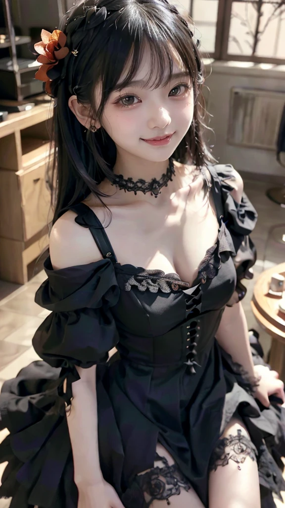 Realistic、A delicate and detailed masterpiece、Highest quality、Highest quality、One Woman、(Black Hair、Hime cut, Long Hair:1.2)、Natural Makeup、Eyelash extensions、Draw eyelashes sharply、Thin eyebrows、Deep orange blush、Grin, Showing teeth、Slightly red cheeks、16 year old female、Dark Rose Gardens、Purple Rose、(Simple black hair accessories、Gothic dress with exposed chest:1.3)、(Blur the background:1.3)、(Top view of the subject:1.1)