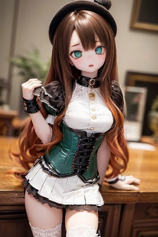(SFW:2), photorealistic, realistic photo, 8k, ((highest quality)), ((masterpiece)), (extremely detailed), kukolnydom, doll, (woman, 19yo, 19 years old:1.6), solo, ((cowboy shot, standing, slim, slender, skinny, medium breasts, bowler hat, frilled shirt, puffy sleeves, corset, mini skirt, thigh-high socks)), (green eyes, brown hair, long hair, plastic skin, looking at another, glass eyes, gradient eyes, shining eyes, detailed eyes:1.3)