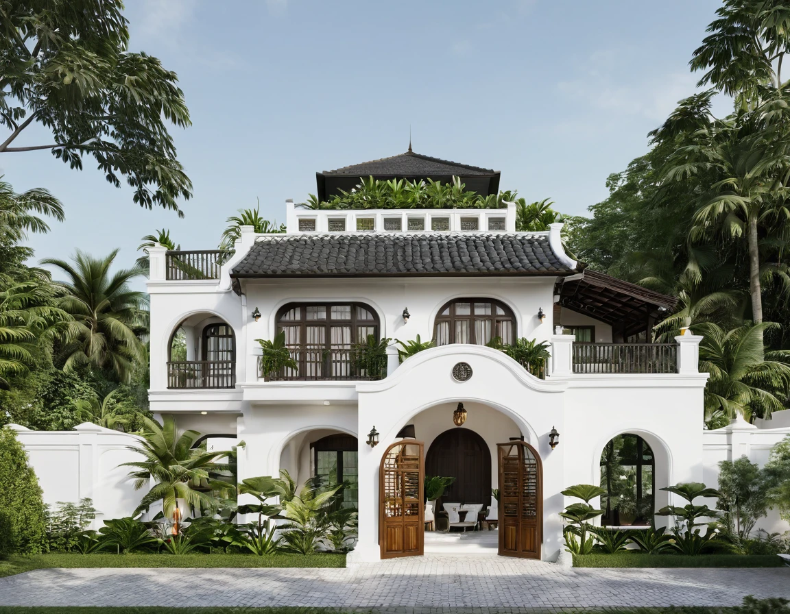 Render a small 2-story Indochine-style villa in a serene setting. The villa's exterior is painted in a simple, elegant white, with traditional Indochine architectural elements such as arched windows, wooden shutters, and decorative railings. The roof features a two-sided sloping design similar to the houses in Hoi An, with the slopes running front to back, contrasting beautifully with the white walls. Lush greenery surrounds the villa, with a well-manicured garden featuring tropical plants and a cobblestone pathway leading to the entrance. The front porch has classic wooden furniture and lanterns, evoking a sense of timeless elegance. The lighting highlights the villa's sophisticated design and harmonious blend of traditional and modern elements.

8k resolution, UHD, high-quality detail, Indochine style, white exterior, arched windows, wooden shutters, decorative railings, two-sided sloping roof, Hoi An style, lush greenery, manicured garden, cobblestone pathway, classic wooden furniture, lanterns, harmonious blend of traditional and modern elements, sophisticated design, serene setting, attracted lighting, real sunlight
