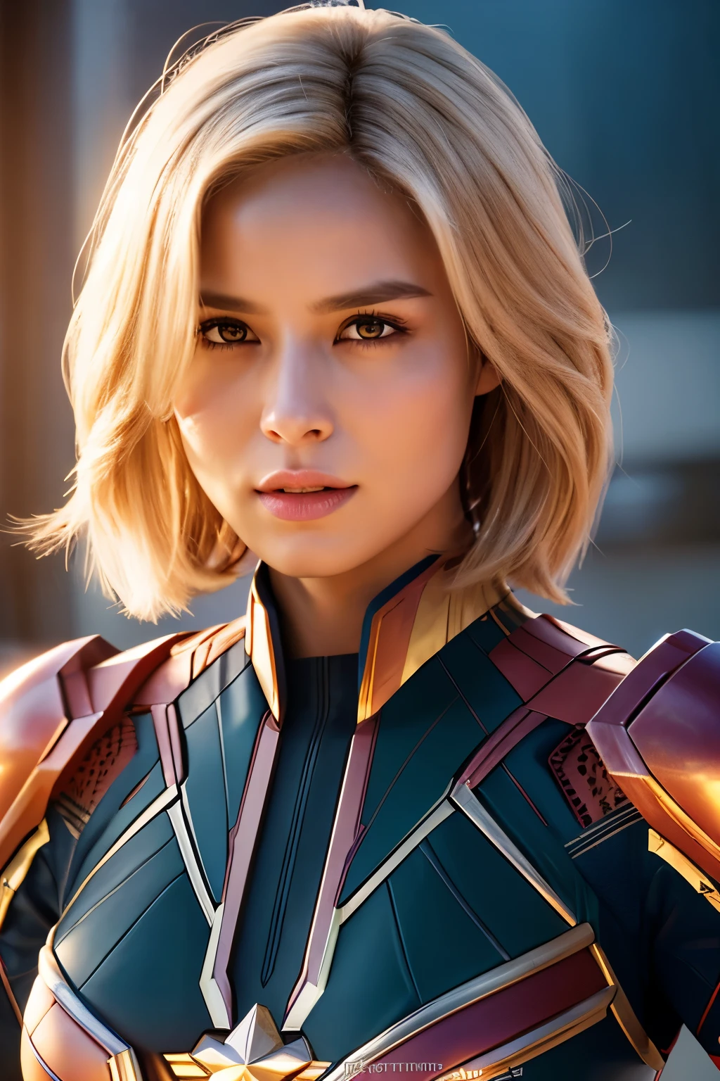 8K,blonde mohawk hair,Captain Marvel,Super Beauty(Realistic Skin),Captain Marvelのラバーコスチューム,Large Breasts,Muscular body,Perfect Anatomy,charm,Volume measurement,Body balance,Digital single-lens reflex camera, Soft lighting, Detailed Background, Written boundary depth, Volumetric lighting, Sharp focus, Absurd, Realistic proportions, Excellent anatomy, (Realistic, 超Realistic:1.4), 16K HDR, dawn,A High Resolution,super Realistic 肌,Super beautiful expression,Fantasy art,Character Art,Wind effects:1.9、Cloud Effect:1.2、Full Rendering、Professional quality high resolution、Perfect contrast、Perfect lighting、Perfect composition、Perfect Skin、Perfect Fingers、Perfect breasts、Perfect Hair、Perfect Face、Realistic facial features,super highest quality,Slim figure,Perfect body line,Perfect hand shape,Anatomical body balance,Highly detailed face,Highly detailed eyes,Beautiful Lips,Excellent light particles,Cinema Lighting,Makeup,Ultra-high resolution,Ultra-Realistic Skin,Makeup,Dynamic pose,