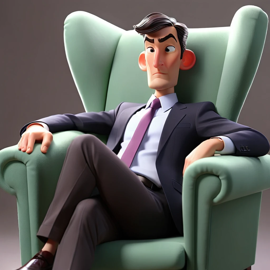 A businessman sitting with legs spread apart, one arm resting on the chair armrest