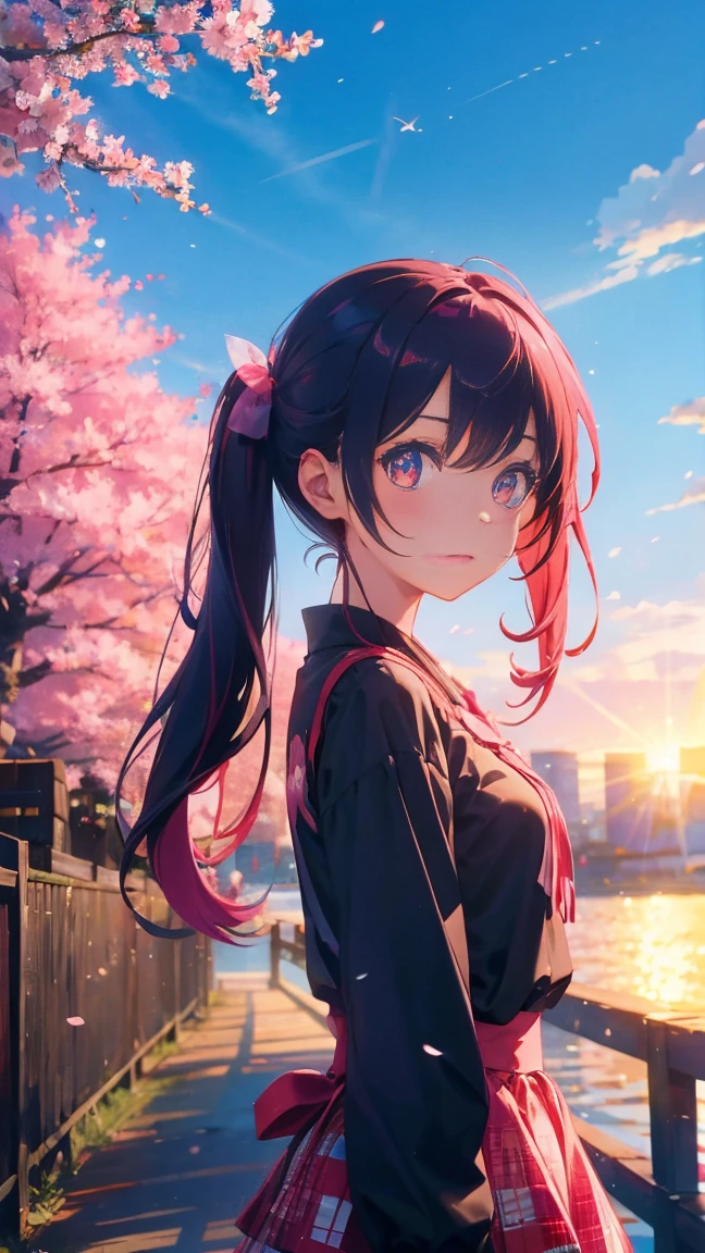 1 Anime Girl, alone,Black petals flutter, Mysteriously glowing butterfly.city,Bright pink hair,red gem eyes,Long twin tails,Thin legs,Very clear,Highest quality,辺り一面のcherry blossoms,都city,cherry blossoms,cherry blossomsミク,Beautiful Morning,Asahi,Face close-up,sunny,cherry blossomsを見上げる,slope